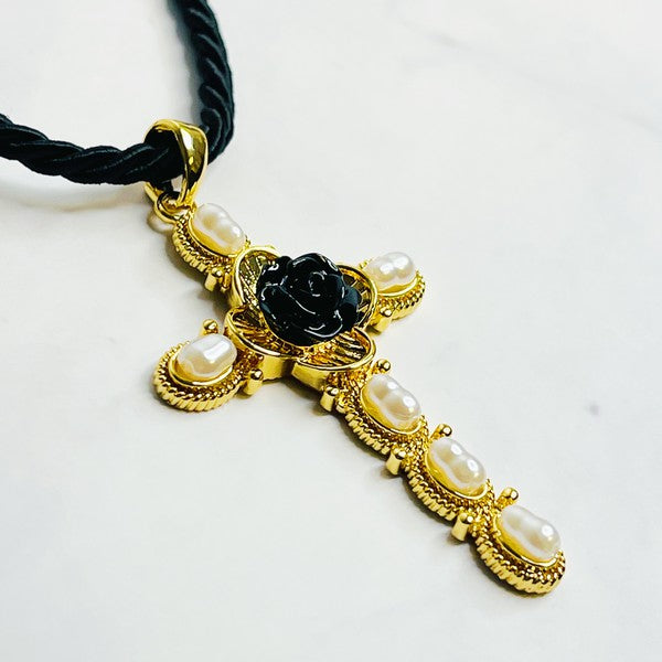 Layered Black Rose Cross Necklace - lolaluxeshop