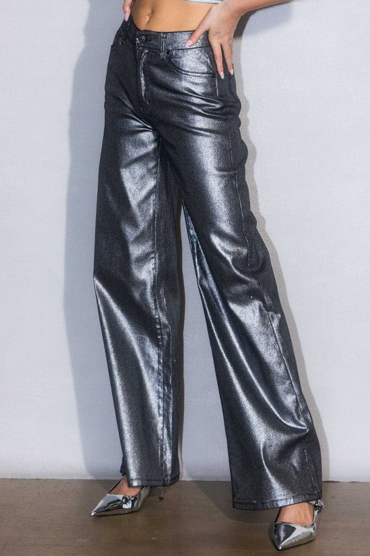 Metallic High Rise Wide Jeans - lolaluxeshop