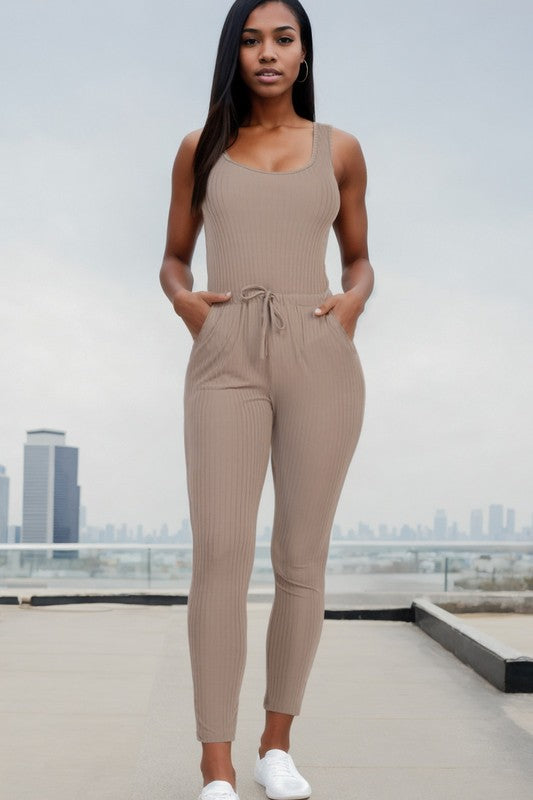 Ribbed Sleeveless Drawstring catsuits Jumpsuit - lolaluxeshop