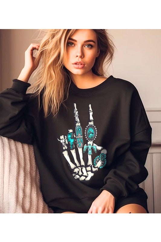 Skeleton Concho Rings Graphic Fleece Sweatshirts - lolaluxeshop