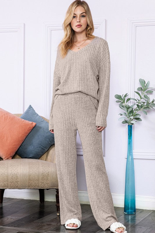 Slouchy Beige ribbed knit loungewear set - lolaluxeshop