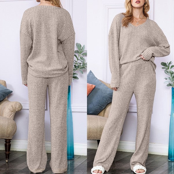 Slouchy Beige ribbed knit loungewear set - lolaluxeshop