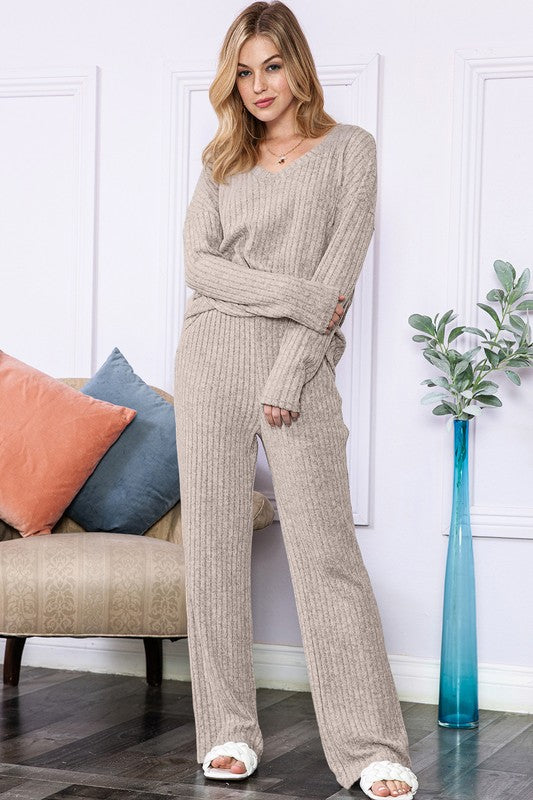 Slouchy Beige ribbed knit loungewear set - lolaluxeshop