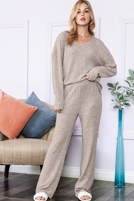 Slouchy Beige ribbed knit loungewear set - lolaluxeshop