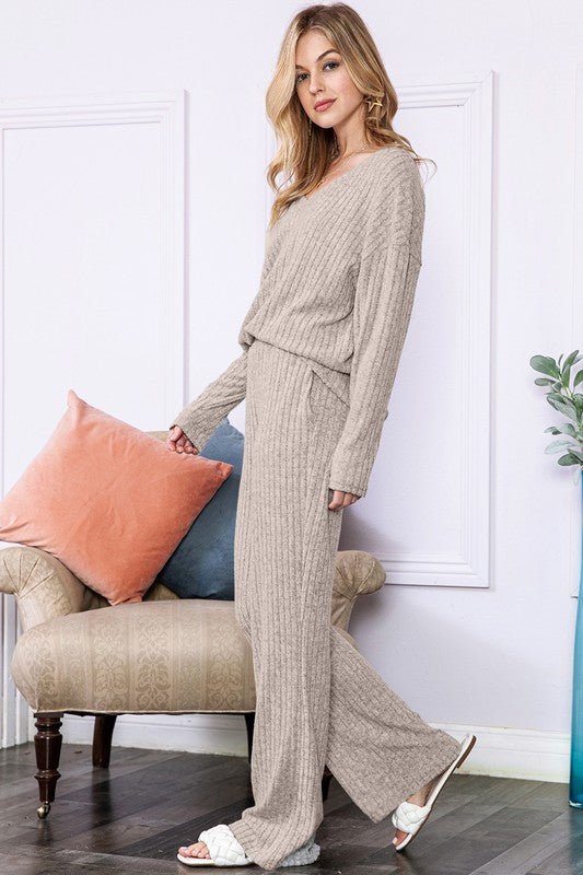 Slouchy Beige ribbed knit loungewear set - lolaluxeshop