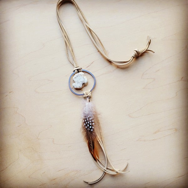 Bone Leather Necklace w/ White Turquoise & Feather - lolaluxeshop