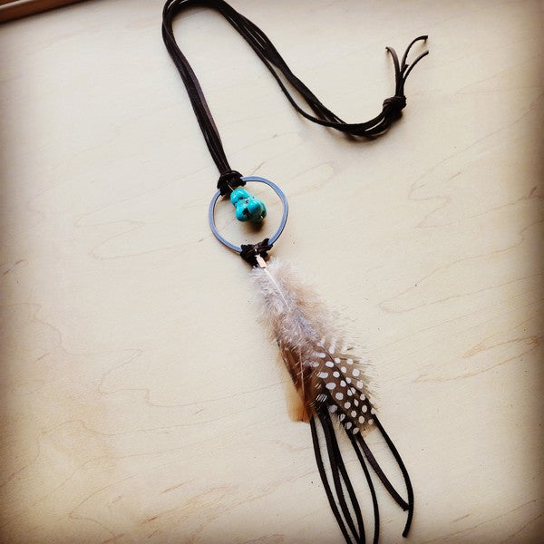 Brown Leather Necklace Blue Turquoise & Feather - lolaluxeshop