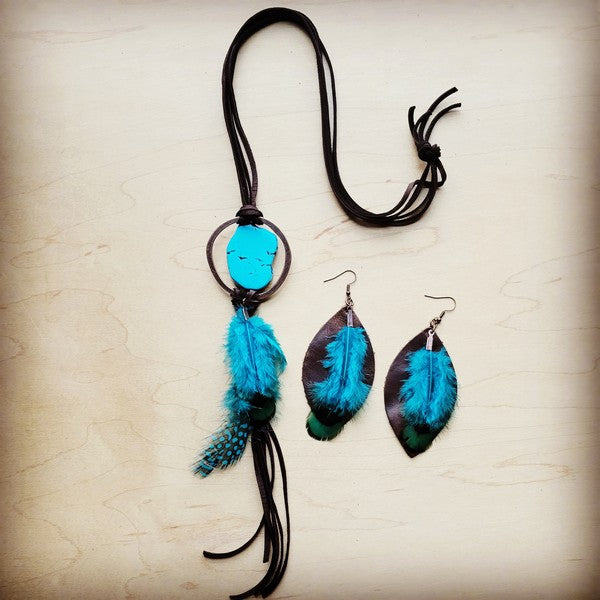 Brown Leather Necklace Turquoise Slab & Feather - lolaluxeshop