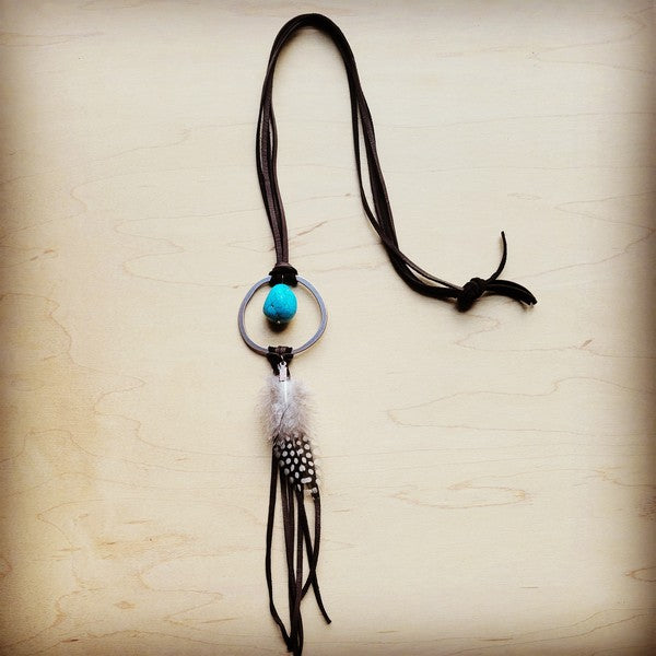 Brown Leather Necklace Blue Turquoise Spot Feather - lolaluxeshop