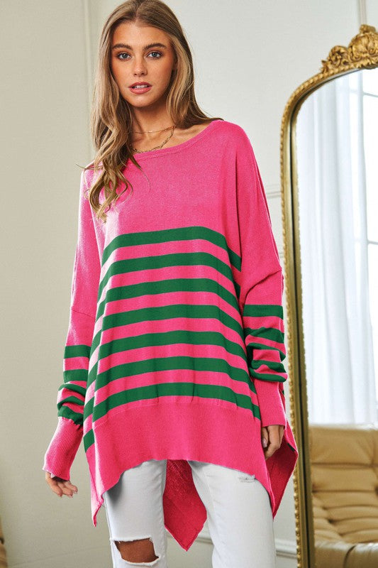 Multi Striped Elbow Patch Loose Fit Sweater Top - lolaluxeshop