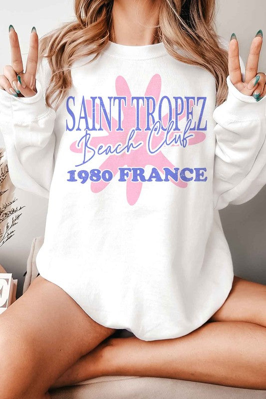 SAINT TROPEZ BEACH CLUB GRAPHIC SWEATSHIRT - lolaluxeshop