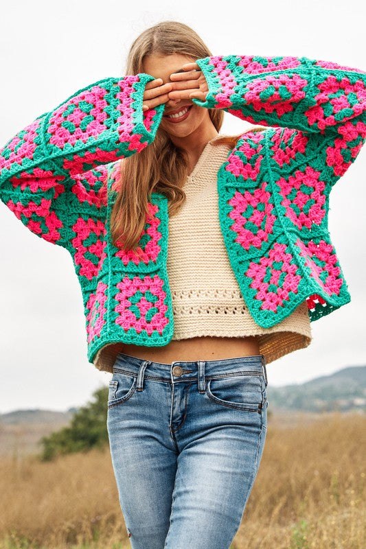 Two-Tone Floral Square Crochet Open Knit Cardigan - lolaluxeshop