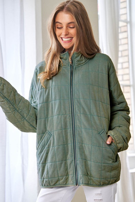 Washed Soft Comfy Quilting Zip Closure Jacket - lolaluxeshop