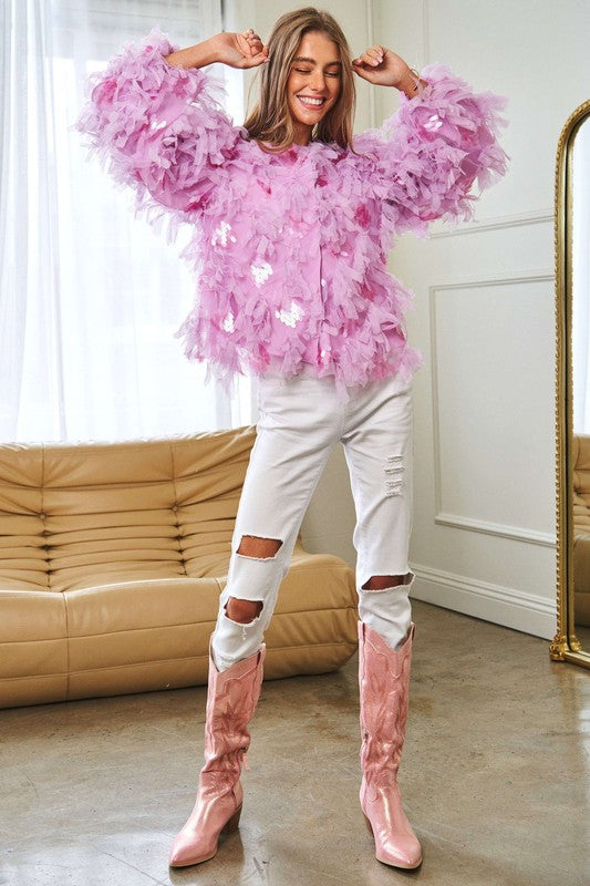 Fluffy Tiered Ruffle Long Sleeve Party Jacket - lolaluxeshop