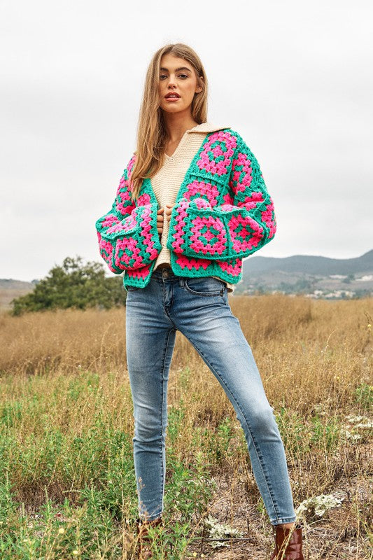 Two-Tone Floral Square Crochet Open Knit Cardigan - lolaluxeshop