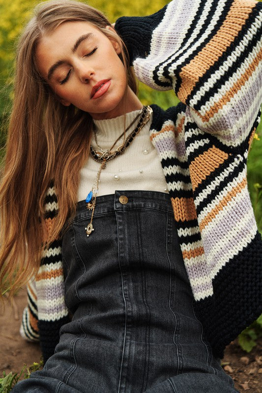 Chunky Knit Multi-Striped Open Sweater Cardigan - lolaluxeshop