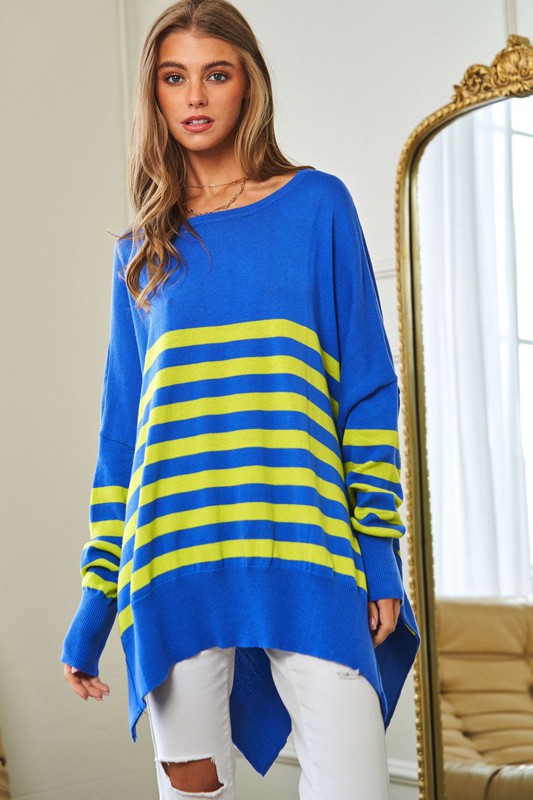 Multi Striped Elbow Patch Loose Fit Sweater Top - lolaluxeshop