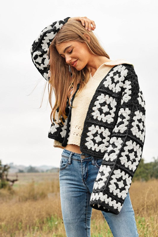 Two-Tone Floral Square Crochet Open Knit Cardigan - lolaluxeshop