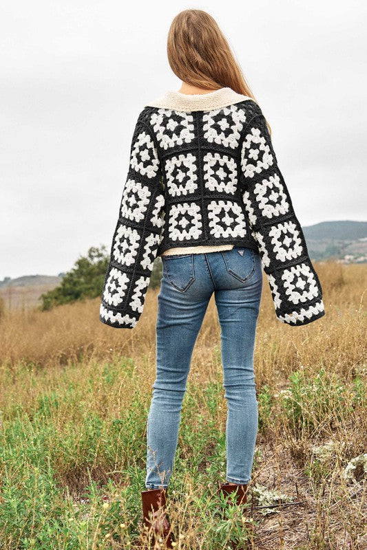 Two-Tone Floral Square Crochet Open Knit Cardigan - lolaluxeshop