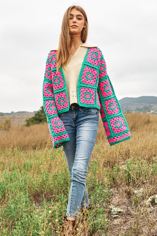 Two-Tone Floral Square Crochet Open Knit Cardigan - lolaluxeshop