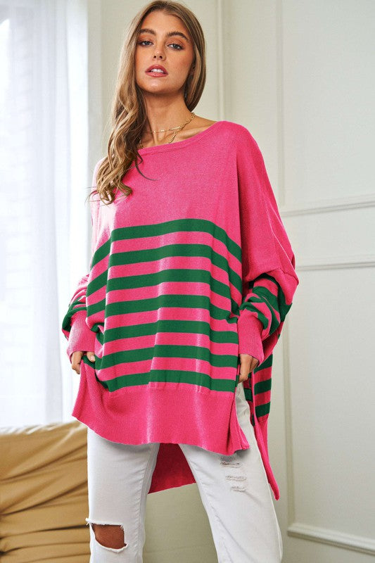 Multi Striped Elbow Patch Loose Fit Sweater Top - lolaluxeshop