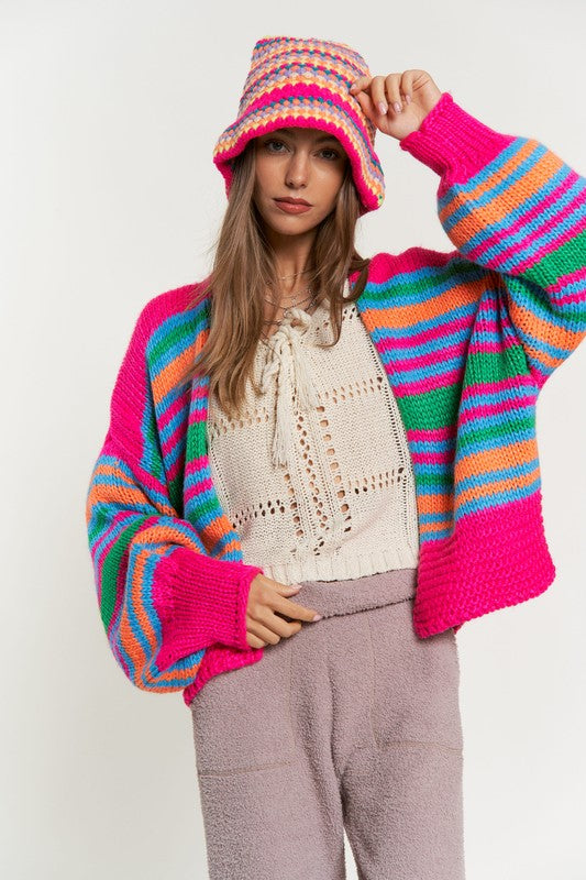 Chunky Knit Multi-Striped Open Sweater Cardigan - lolaluxeshop