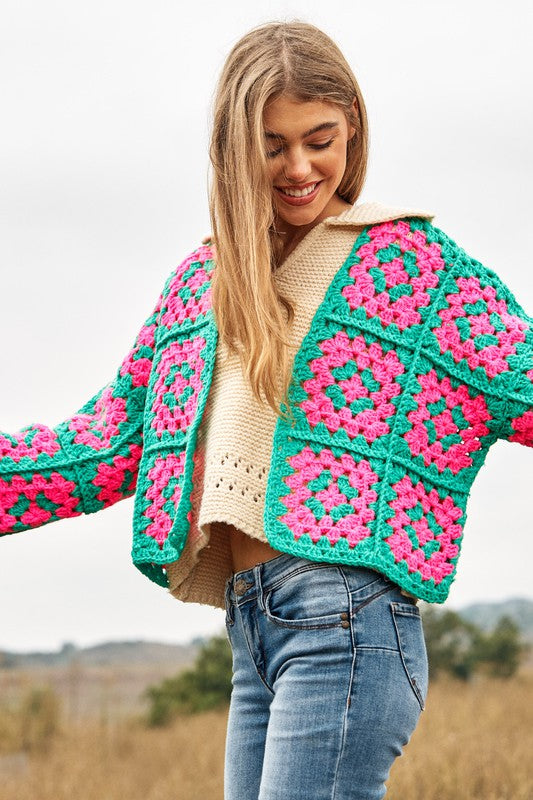 Two-Tone Floral Square Crochet Open Knit Cardigan - lolaluxeshop