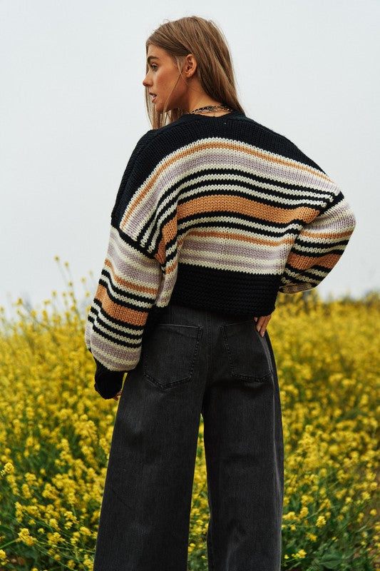 Chunky Knit Multi-Striped Open Sweater Cardigan - lolaluxeshop