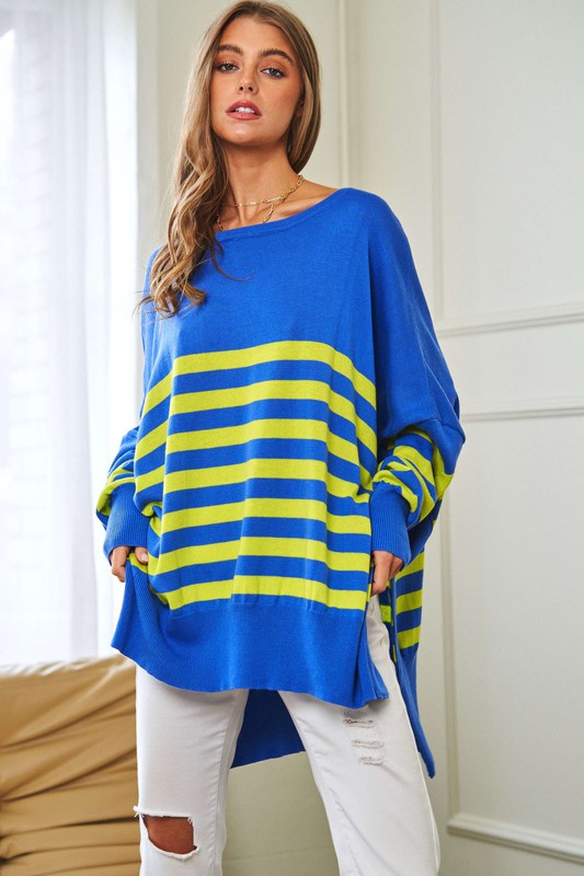 Multi Striped Elbow Patch Loose Fit Sweater Top - lolaluxeshop