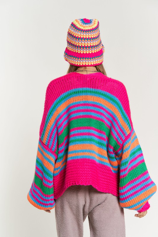 Chunky Knit Multi-Striped Open Sweater Cardigan - lolaluxeshop