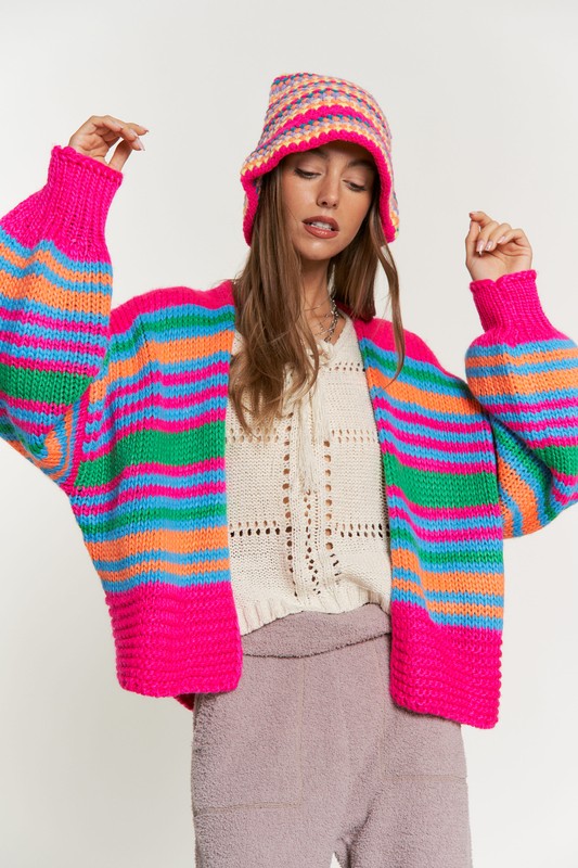 Chunky Knit Multi-Striped Open Sweater Cardigan - lolaluxeshop