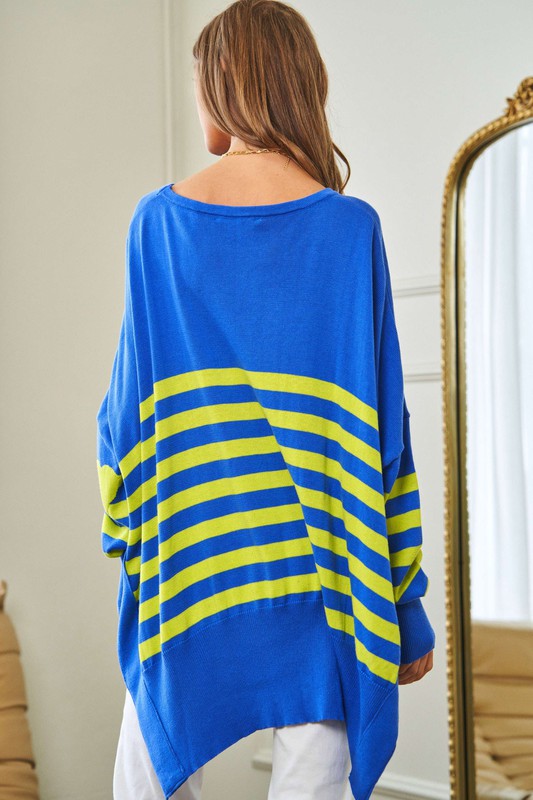 Multi Striped Elbow Patch Loose Fit Sweater Top - lolaluxeshop