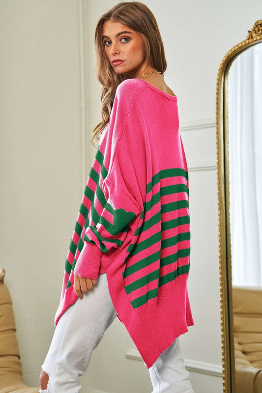 Multi Striped Elbow Patch Loose Fit Sweater Top - lolaluxeshop