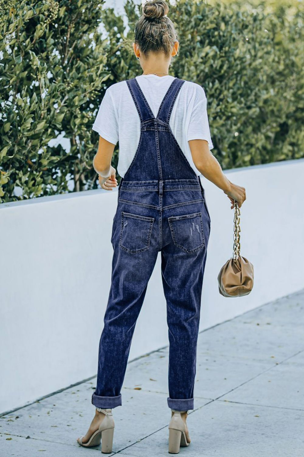 Pocketed Distressed Denim Overalls - LOLA LUXE