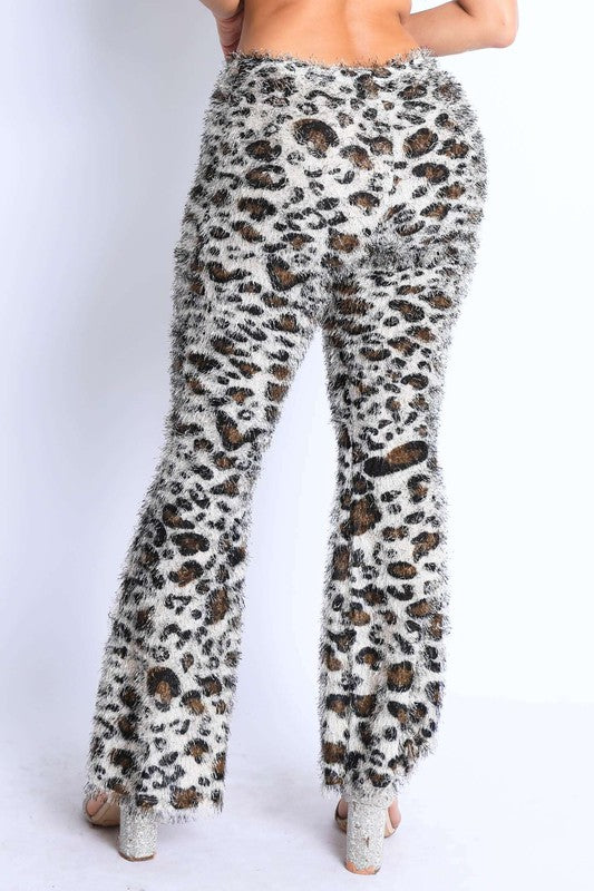 Fur leopard print bell bottom pants - lolaluxeshop