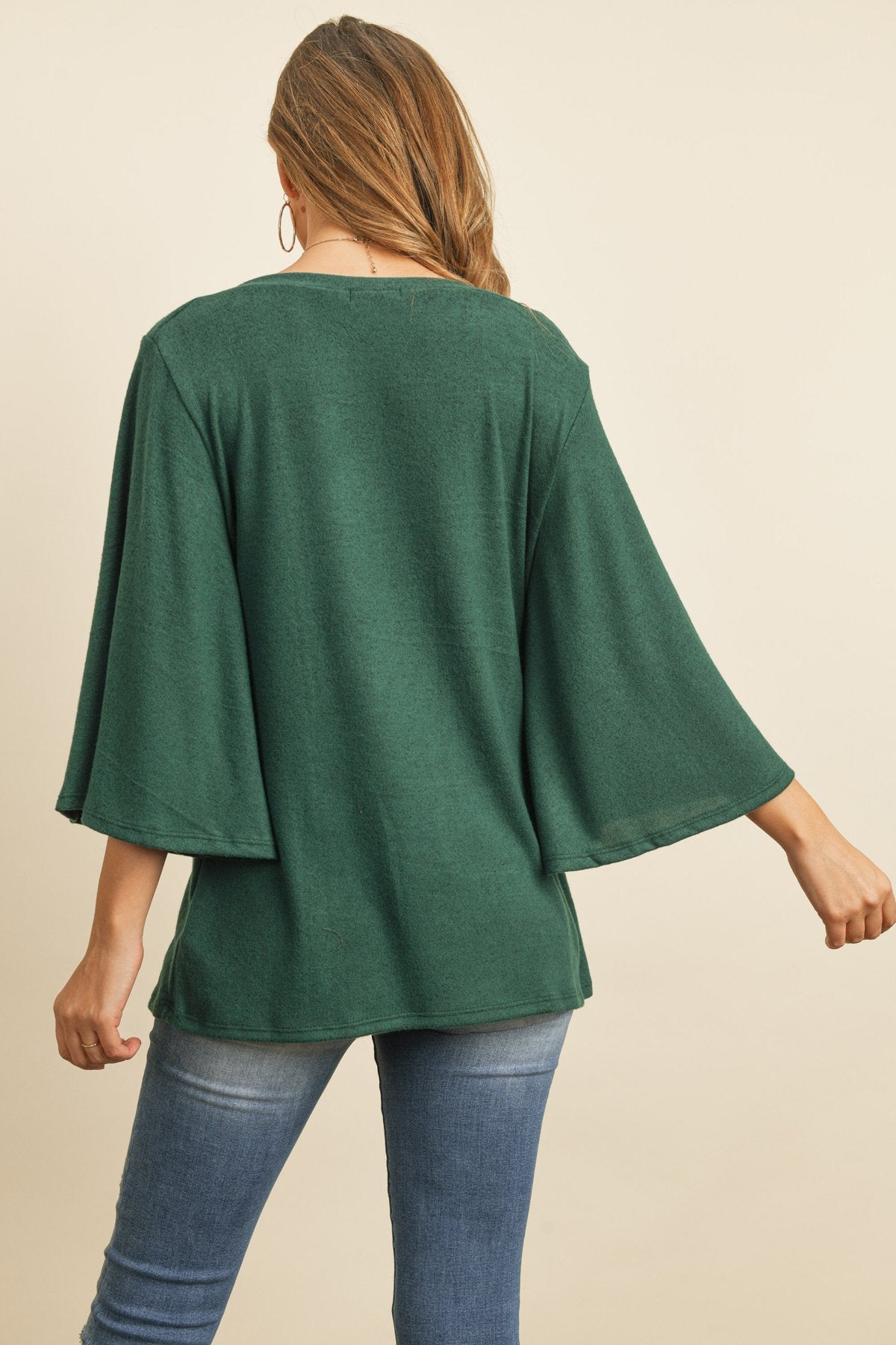 Boat Neck Bell Sleeve Solid Hacci Brushed Top - LOLA LUXE