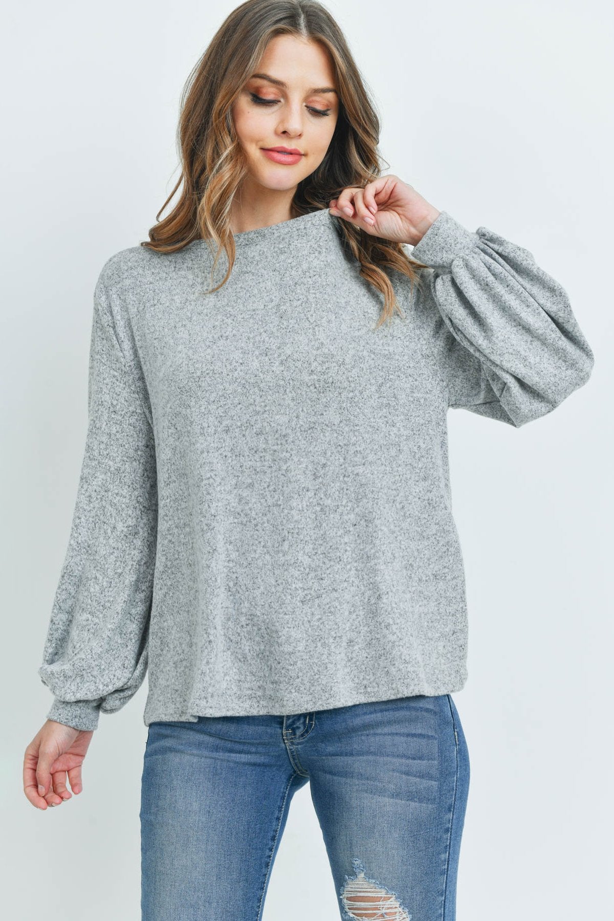 Puff Sleeved Boat Neck Two Toned Brushed Hacci Top - LOLA LUXE