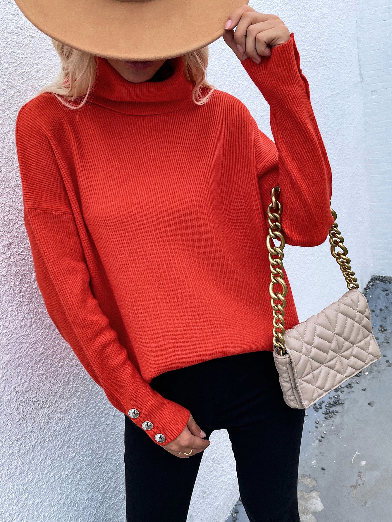 Button Detail Rib-Knit Turtleneck Sweater - LOLA LUXE