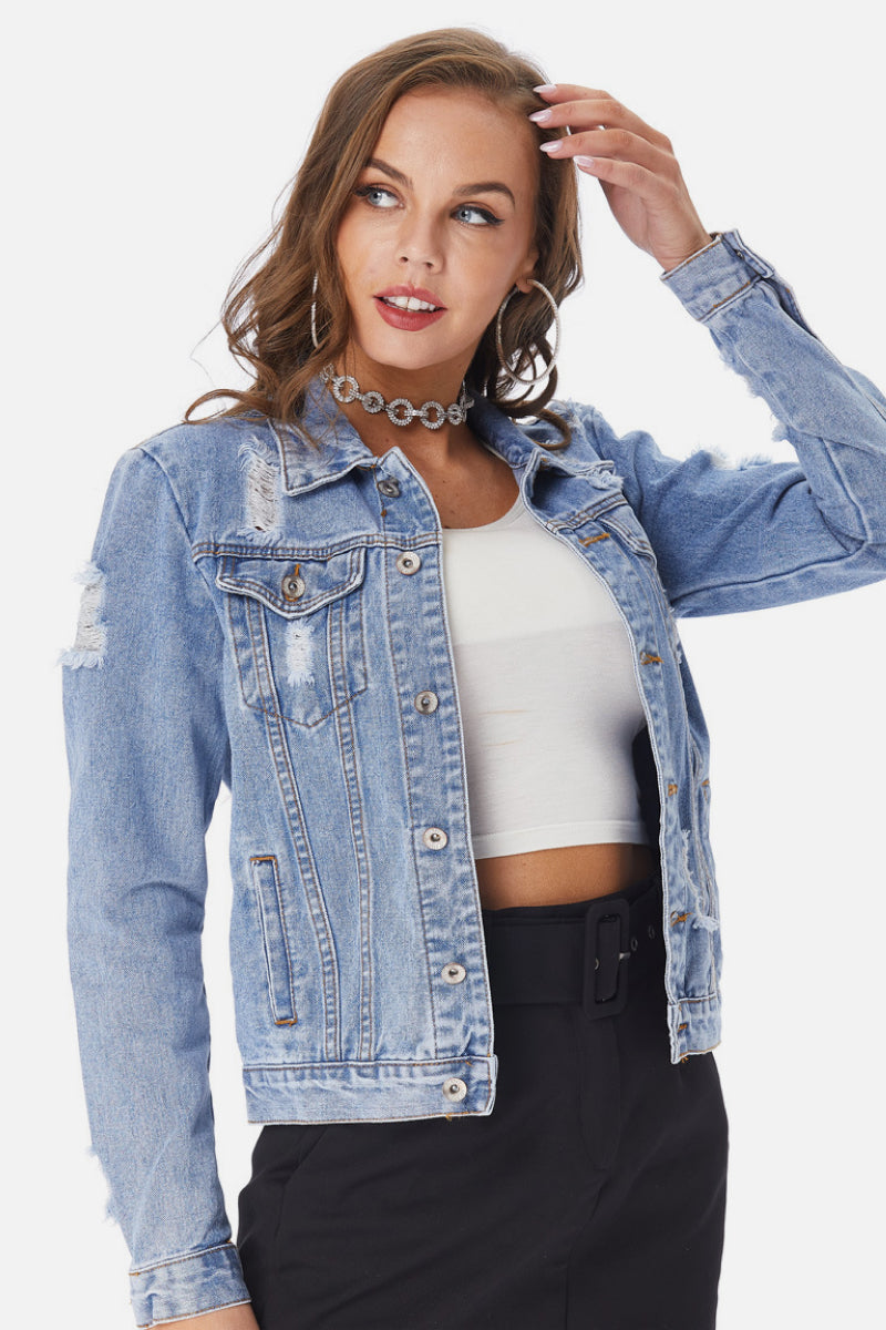 Distressed Classic Fit Denim Jacket - LOLA LUXE