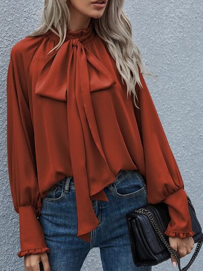 Tie Neck Lantern Sleeve Blouse - lolaluxeshop