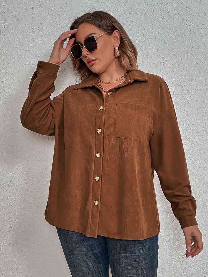 Plus Size Collared Neck Long Sleeve Shirt - lolaluxeshop