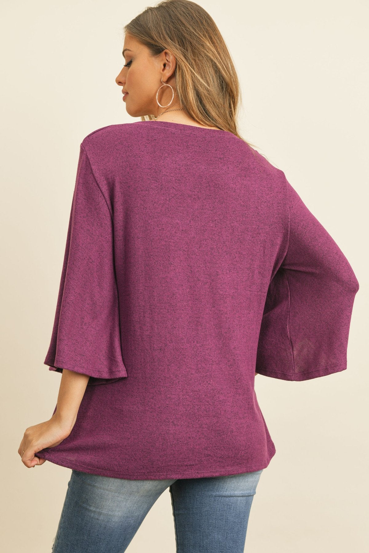 Boat Neck Bell Sleeve Solid Hacci Brushed Top - LOLA LUXE