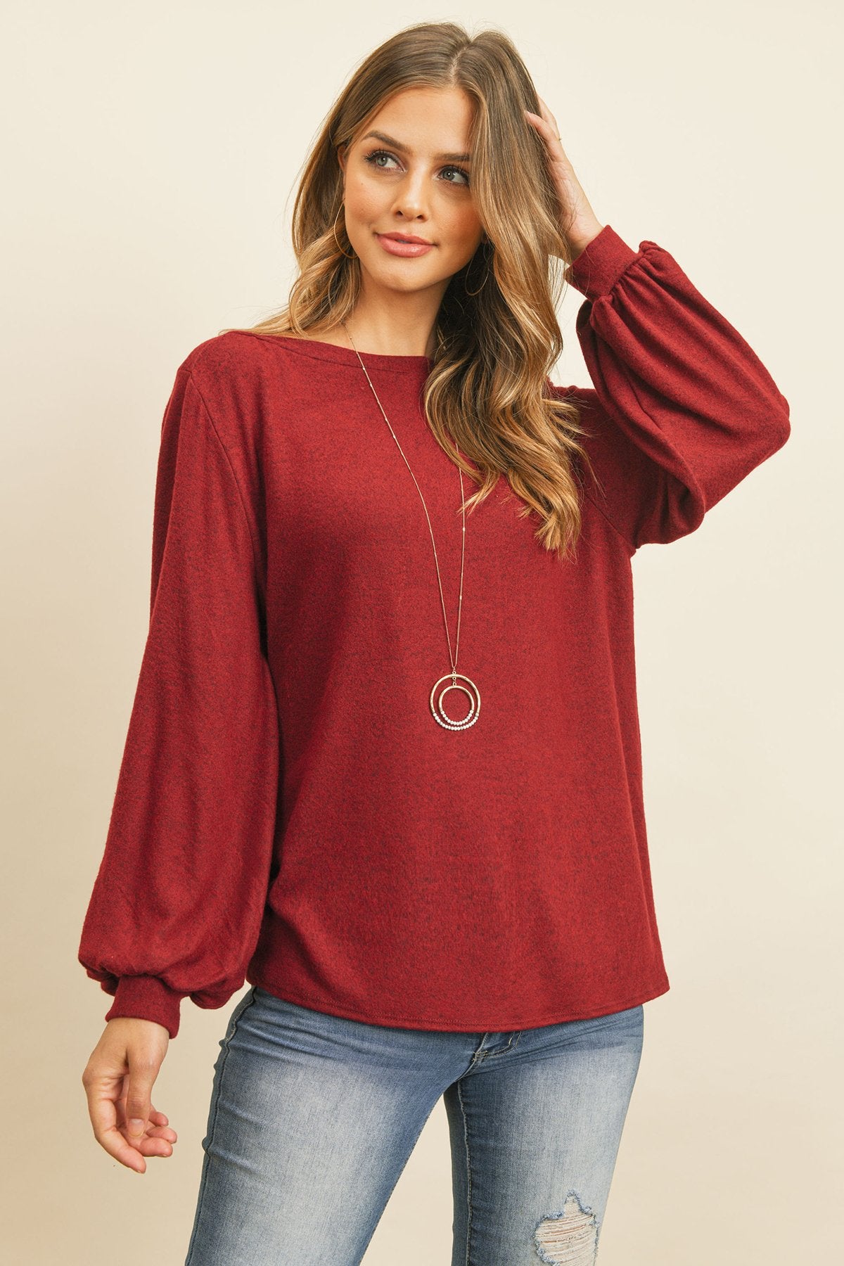 Puff Sleeved Boat Neck Two Toned Brushed Hacci Top - LOLA LUXE