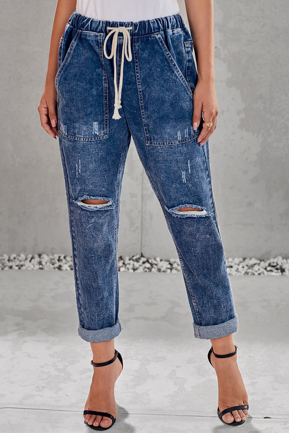 Drawstring Denim Joggers - LOLA LUXE