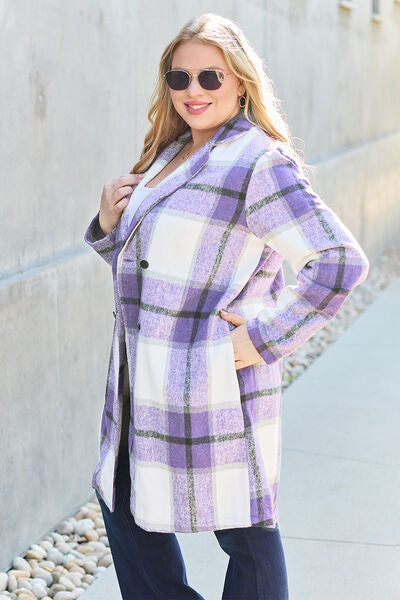 Double Take Full Size Plaid Button Up Lapel Collar Coat - lolaluxeshop