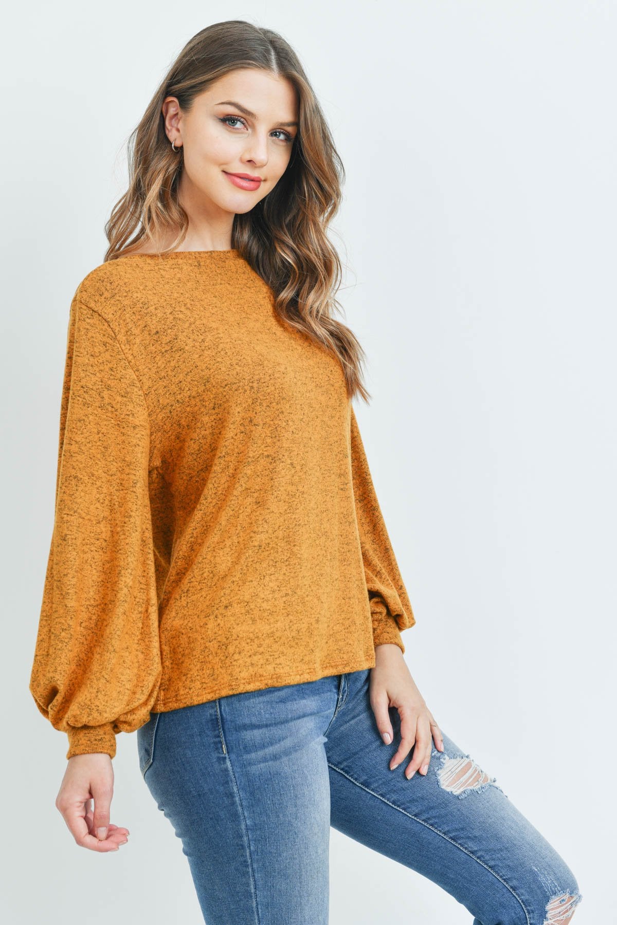 Puff Sleeved Boat Neck Two Toned Brushed Hacci Top - LOLA LUXE