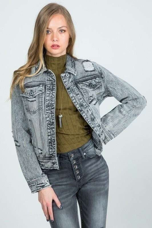 REGULAR GRAY DENIM JACKET WITH DESTROY - LOLA LUXE