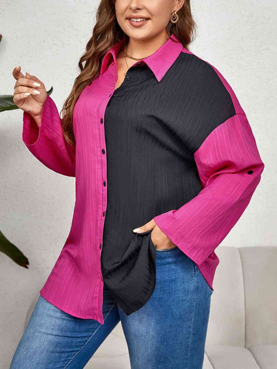 Plus Size Contrast Color Roll-Tap Sleeve Shirt - lolaluxeshop