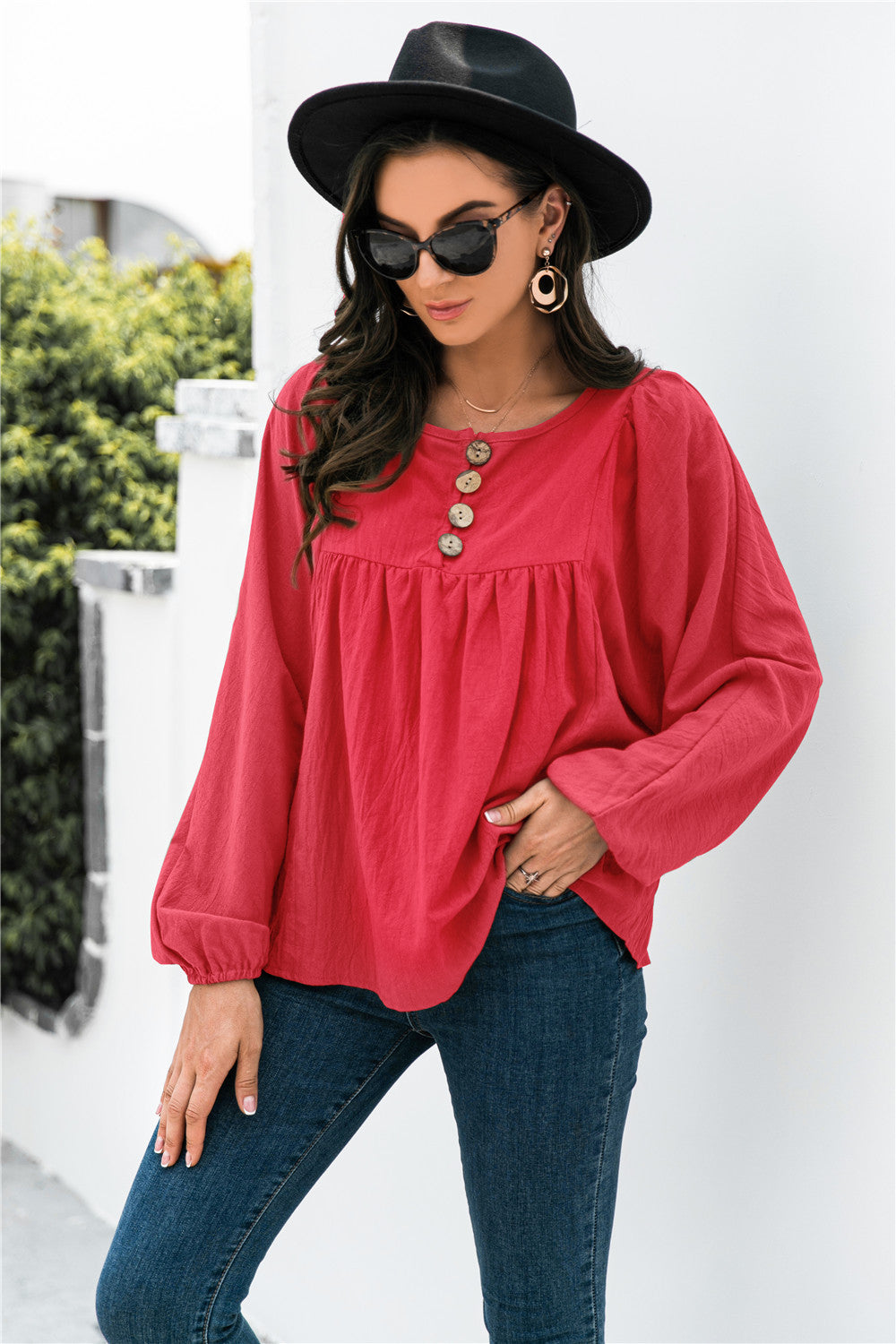 Button Up Balloon Sleeve Blouse - LOLA LUXE