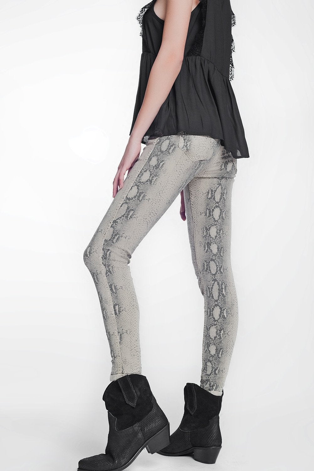 Beige Super Skinny Reversible Pants With Snake Print - LOLA LUXE